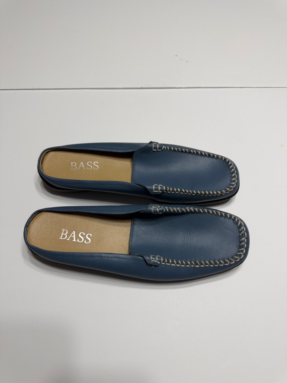 Bass Blue Leather Slip-On Moccasins with Contrast Stitch